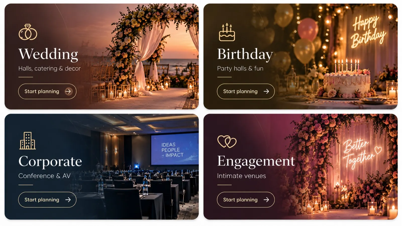 Plan your special event — Wedding, Birthday, Corporate or Engagement. Start planning